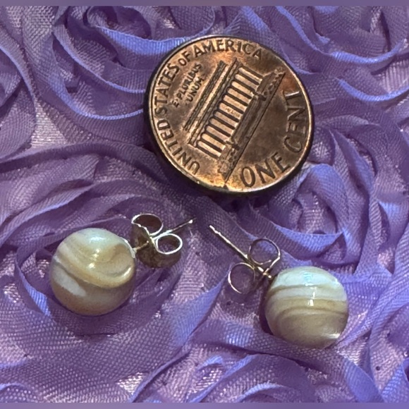 Caramel colored 8mm mother of pearl stud earrings on 14k posts - Picture 3 of 5